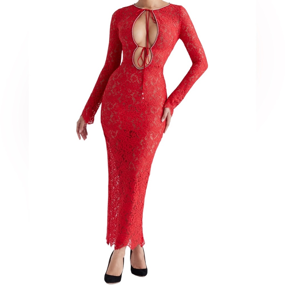 House of CB Lisandra Red Lace Maxi Dress Keyhole Crystal Trim Women's SZ XS NWT